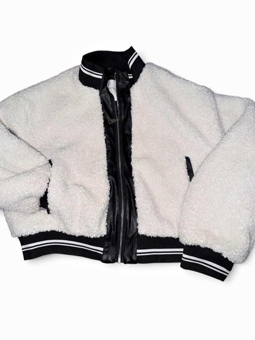 Avec Les Filles Sherpa Fleece Varsity Bomber Jacket White & Black Large